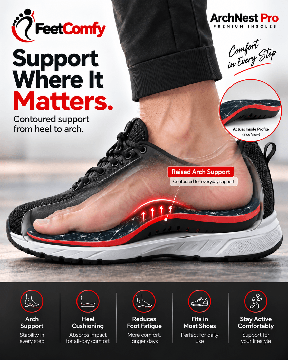 100% Imported FeetComfy ArchNest Pro Insole | Perfect for Arch Support